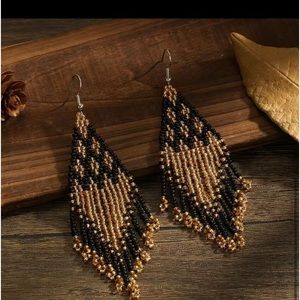 Handmade Glass Beaded Vintage Tassel Drop Earrings. Color: Gold/Black